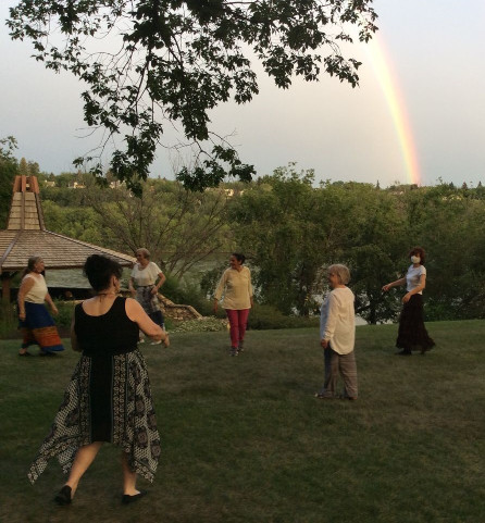 Photo: Dancing with a rainbow at Kiwanis Park in downtown Saskatoon, summer 2020.